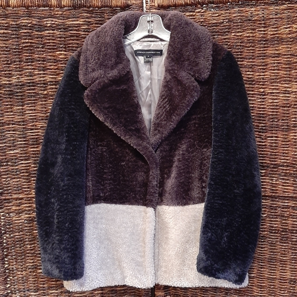 French Connection Womens Small Faux Fur Coat Colorblock Blue Sherpa Teddy Jacket